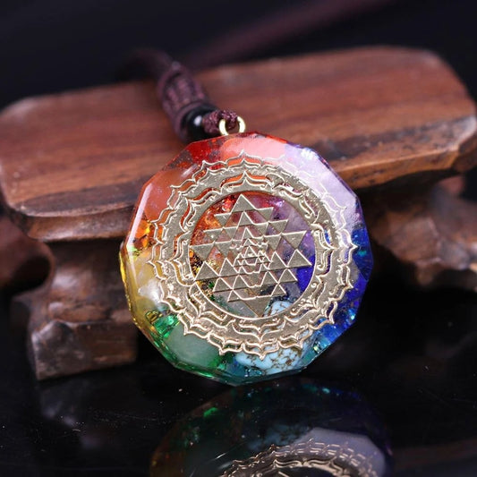 SRI YANTRA ORGONITE NECKLACE Epoxy Stone Gravel Pendant Seven Chakra Energy Yoga Necklace