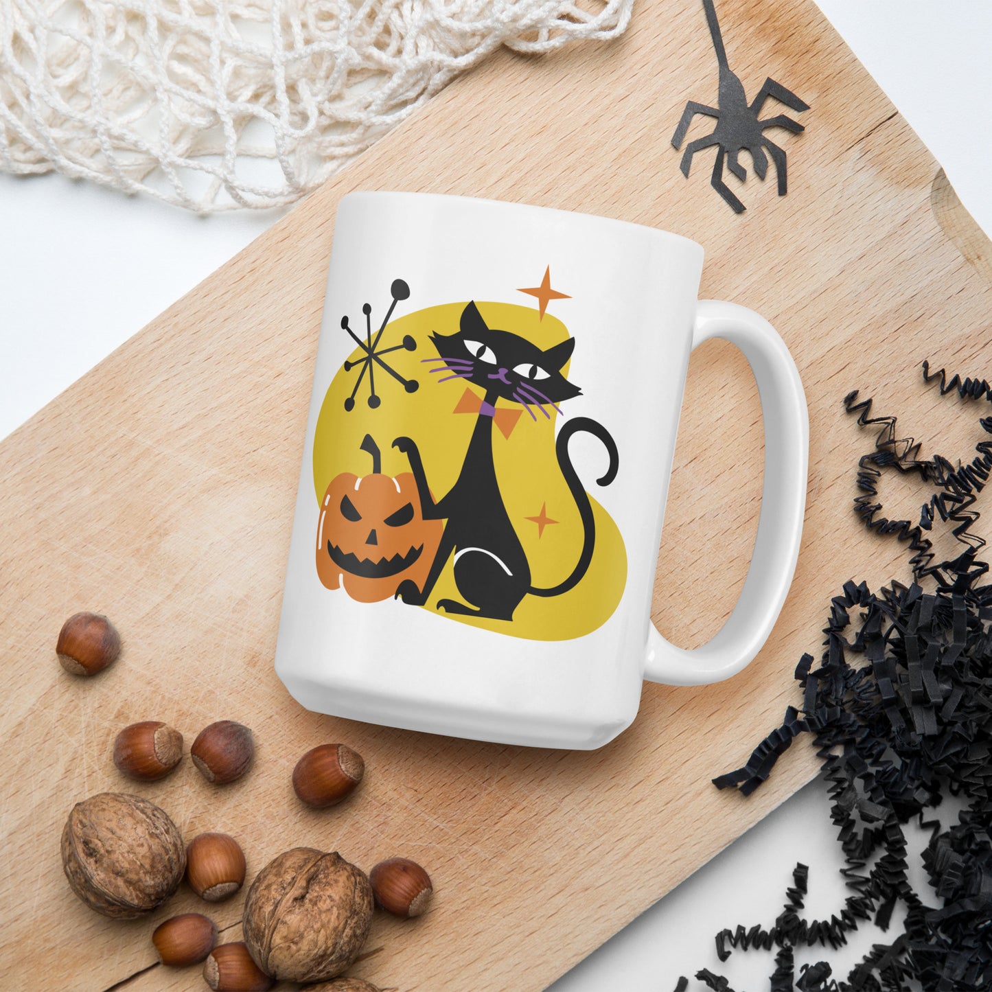 Retro Black Cat and Pumpkin White glossy mug
