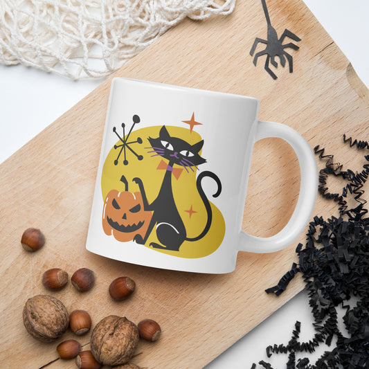 Retro Black Cat and Pumpkin White glossy mug